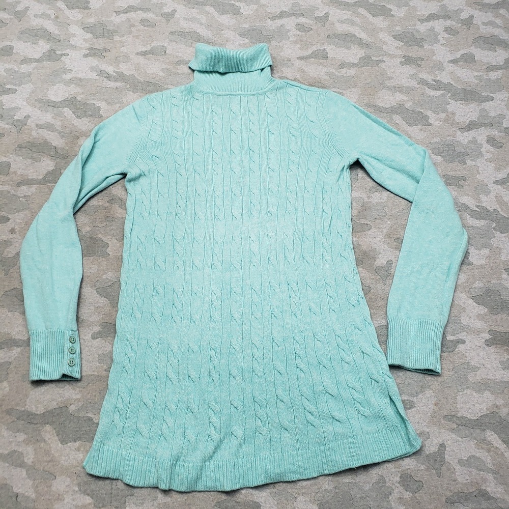Talbots Sweater Womens Medium Green Lambswool Blend Turtle Neck Cable Knit